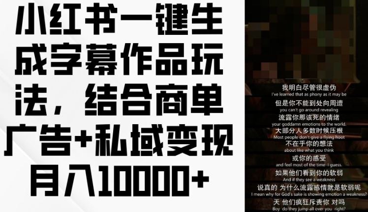 小红书一键生成字幕作品玩法，结合商单广告+私域变现月入1w+【揭秘】-万三聊项目