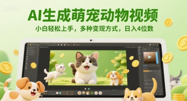 AI生成萌宠动物视频，小白轻松上手，多种变现方式，日入4位数-万三聊项目