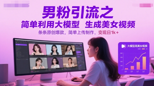 男粉引流之简单利用大模型生成美女视频，条条原创爆款，简单上传制作，变现日1k+-万三聊项目