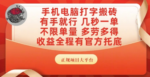 手机电脑打字搬砖，副业可发展主业来做蓝海项目，有手就行，几秒一单，不限单量，多劳多得【揭秘】-万三聊项目