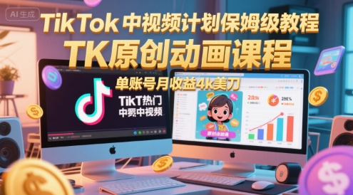 TikTok中视频计划保姆级教程，TK原创动画课程，单账号月收益4k美刀-万三聊项目
