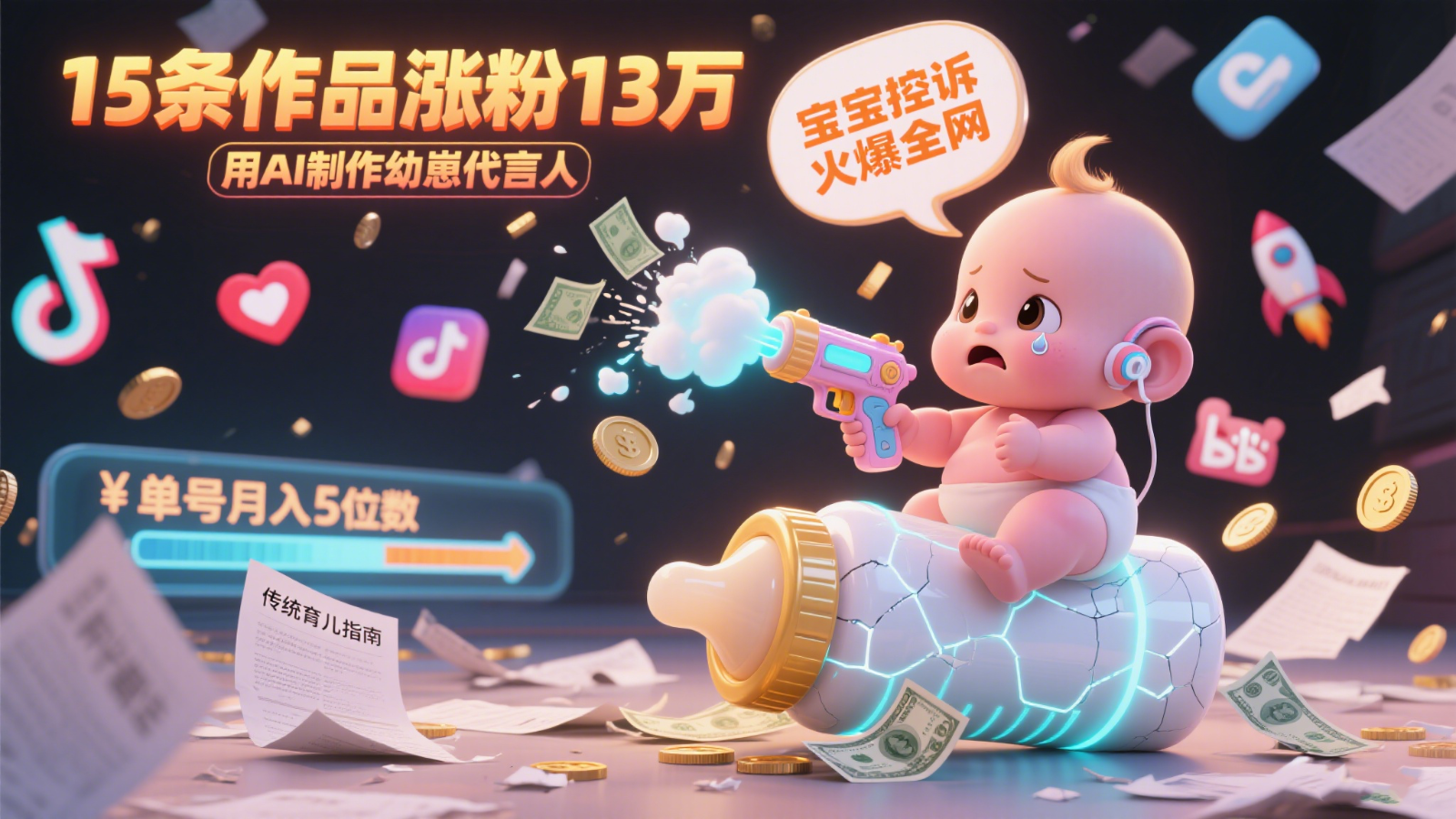 用AI制作幼崽代言人，宝宝的控诉火爆全网，15条作品涨粉13万，单号月入5位数实操教程-万三聊项目