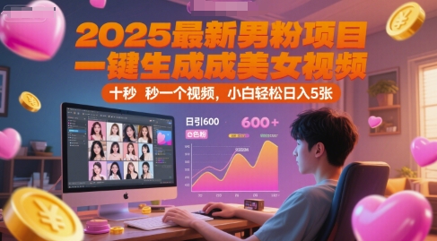 2025最新男粉项目，一键生成美女视频，日引600+色粉 十秒一个视频，小白轻松日入5张【揭秘】-万三聊项目
