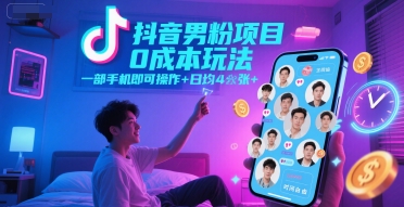 抖音男粉项目0成本玩法，一部手机即可操作，日均4张+，时间自由-万三聊项目