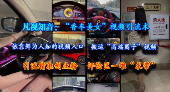凡视知音：“香车美女”视频引流术，依靠鲜为人知的视频入口，搬运“高端圈子”视频，引流精准创业粉，评论区一堆“求带”-万三聊项目