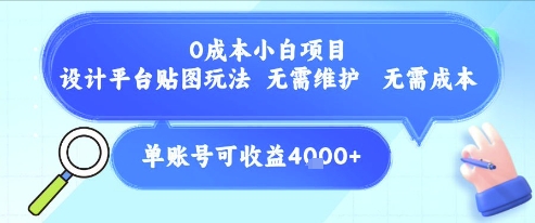 0成本小白项目，设计平台贴图玩法，无需维护，无需成本，单账号单月可产生收益4k+-万三聊项目