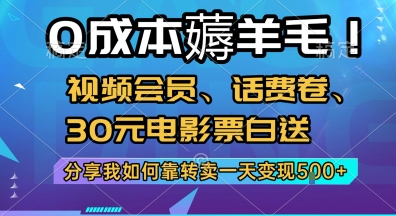 0成本薅羊毛!视频会员、话费卷、30元电影票白送，分享我如何靠转卖一天变现5张+【揭秘】-万三聊项目