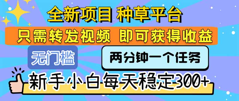全新项目 种草平台 只需要转发任务视频 即可获得收益 新手小白每天300+-万三聊项目