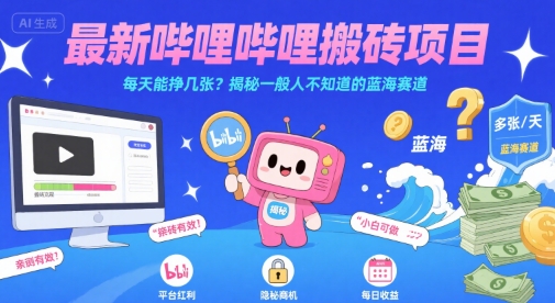 最新哔哩哔哩上B站搬砖项目，每天能挣几张？揭秘一般人不知道的蓝海赛道-万三聊项目