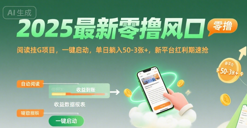 2025最新零撸风口，阅读挂G项目，一键启动，单日躺入 50-3张+，新平台红利期速抢【揭秘】-万三聊项目