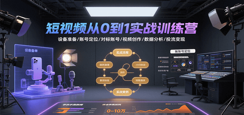 短视频从0到1实战训练营：设备准备/账号定位/对标账号/视频创作/数据分析/投流变现-万三聊项目