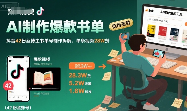 AI制作爆款书单，抖音42粉丝博主书单号制作拆解，单条视频28W赞-万三聊项目