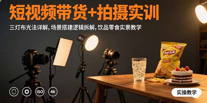 短视频带货+拍摄实训：三灯布光法详解,场景搭建逻辑拆解,饮品零食实景教学-万三聊项目