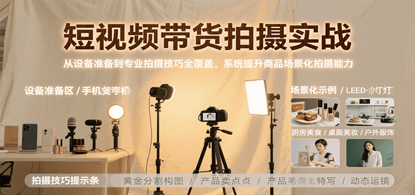 短视频带货拍摄实战，从设备准备到专业拍摄技巧全覆盖，系统提升商品场景化拍摄能力-万三聊项目