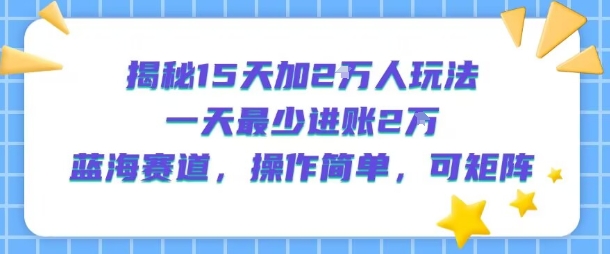 揭秘15天加2W人玩法，一天最少2万进账，蓝海赛道，操作简单，可矩阵-万三聊项目