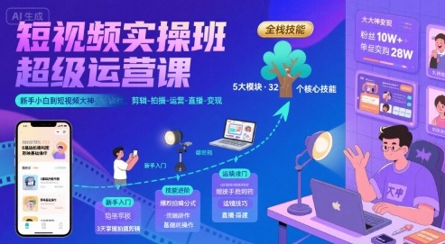 短视频实操班超级运营课，新手小白到短视频大神必修课程，剪辑-拍摄-运营-直播-变现-万三聊项目