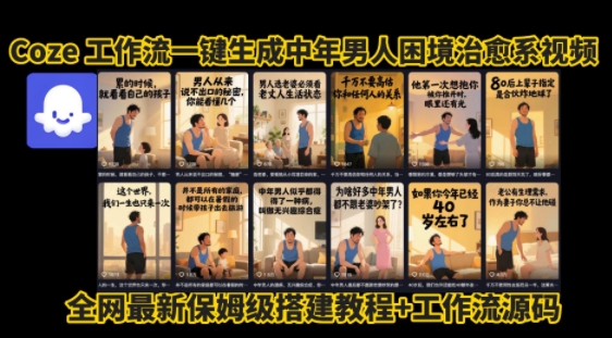 coze工作流一键生成”中年男人困境扎心高涨粉高播放量图文视频”保姆级拆解教程，无需剪辑，无需拍摄写文案-万三聊项目