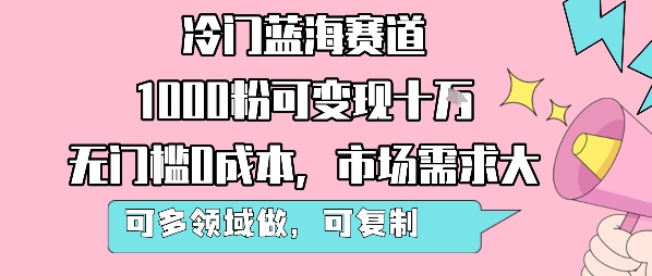 冷门蓝海赛道，1000粉可变现十W，无门槛0成本，市场需求大，可多领域做，可复制性强-万三聊项目