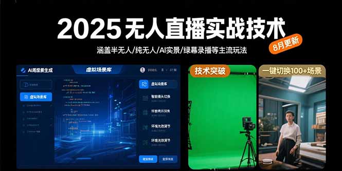 2025无人直播实战技术-8月，涵盖半无人/纯无人/AI实景/绿幕录播等主流玩法-万三聊项目