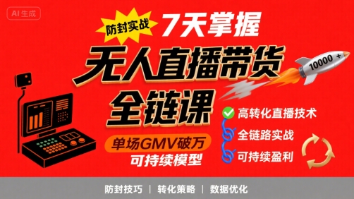 无人直播带货全链防封实战课，7天掌握高转化直播技术，实现单场GMV破万可持续模型-万三聊项目