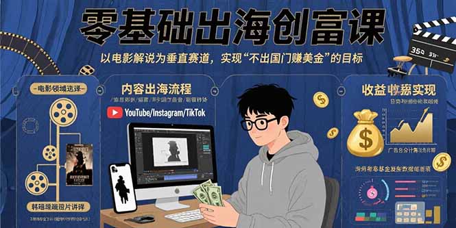 零基础出海创富课：以电影解说为垂直赛道，实现不出国门赚美金的目标-万三聊项目