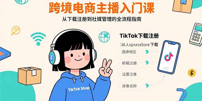 跨境电商主播入门课，TikTok下载注册，支付工具配置，社媒账号管理全流程-万三聊项目