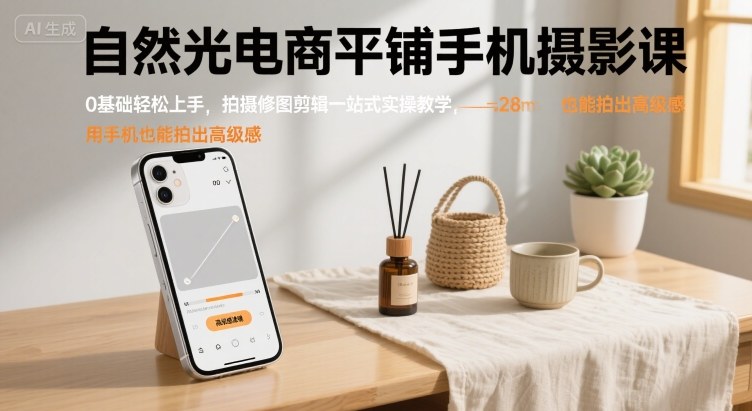 自然光电商平铺手机摄影课，0基础轻松上手，拍摄修图剪辑一站式实操教学，用手机也能拍出高级感-万三聊项目