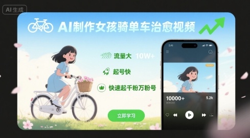 AI制作女孩骑单车治愈视频，流量大，起号快，快速起千粉万粉号-万三聊项目